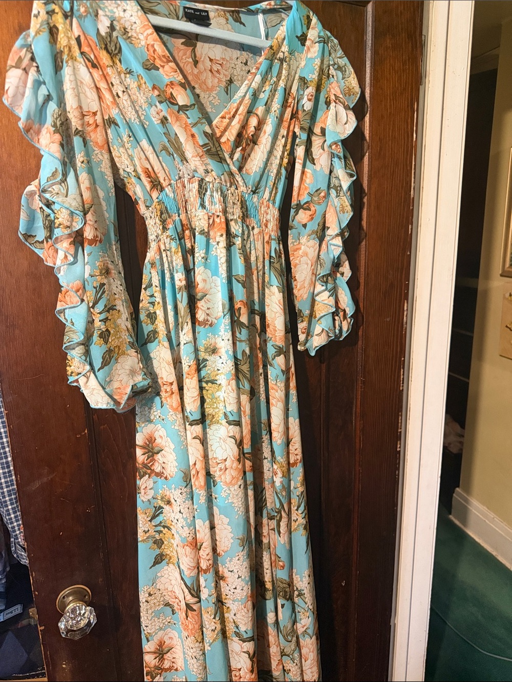 Floral V-Neck Ruffle Sleeve Maxi Dress in Aqua